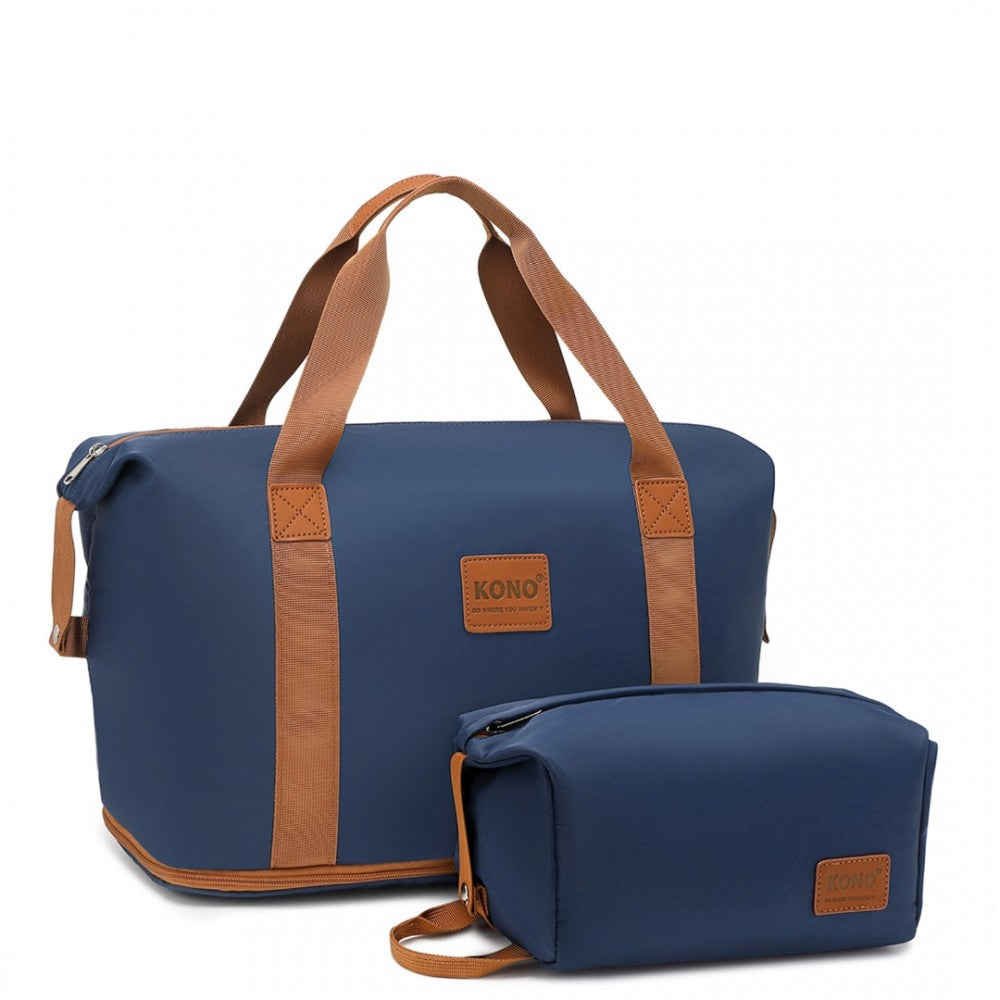 EA2212 - KONO TWO PIECES EXPANDABLE DURABLE WATERPROOF TRAVEL DUFFEL BAG SET - NAVY AND BROWN - The Baggage Shop