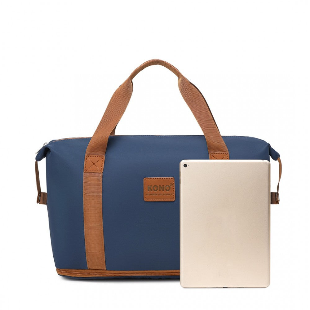 EA2212 - KONO TWO PIECES EXPANDABLE DURABLE WATERPROOF TRAVEL DUFFEL BAG SET - NAVY AND BROWN - The Baggage Shop