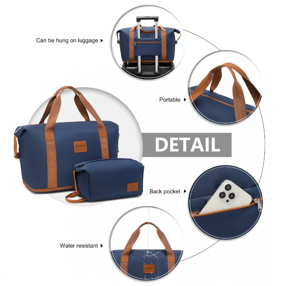 EA2212 - KONO TWO PIECES EXPANDABLE DURABLE WATERPROOF TRAVEL DUFFEL BAG SET - NAVY AND BROWN - The Baggage Shop