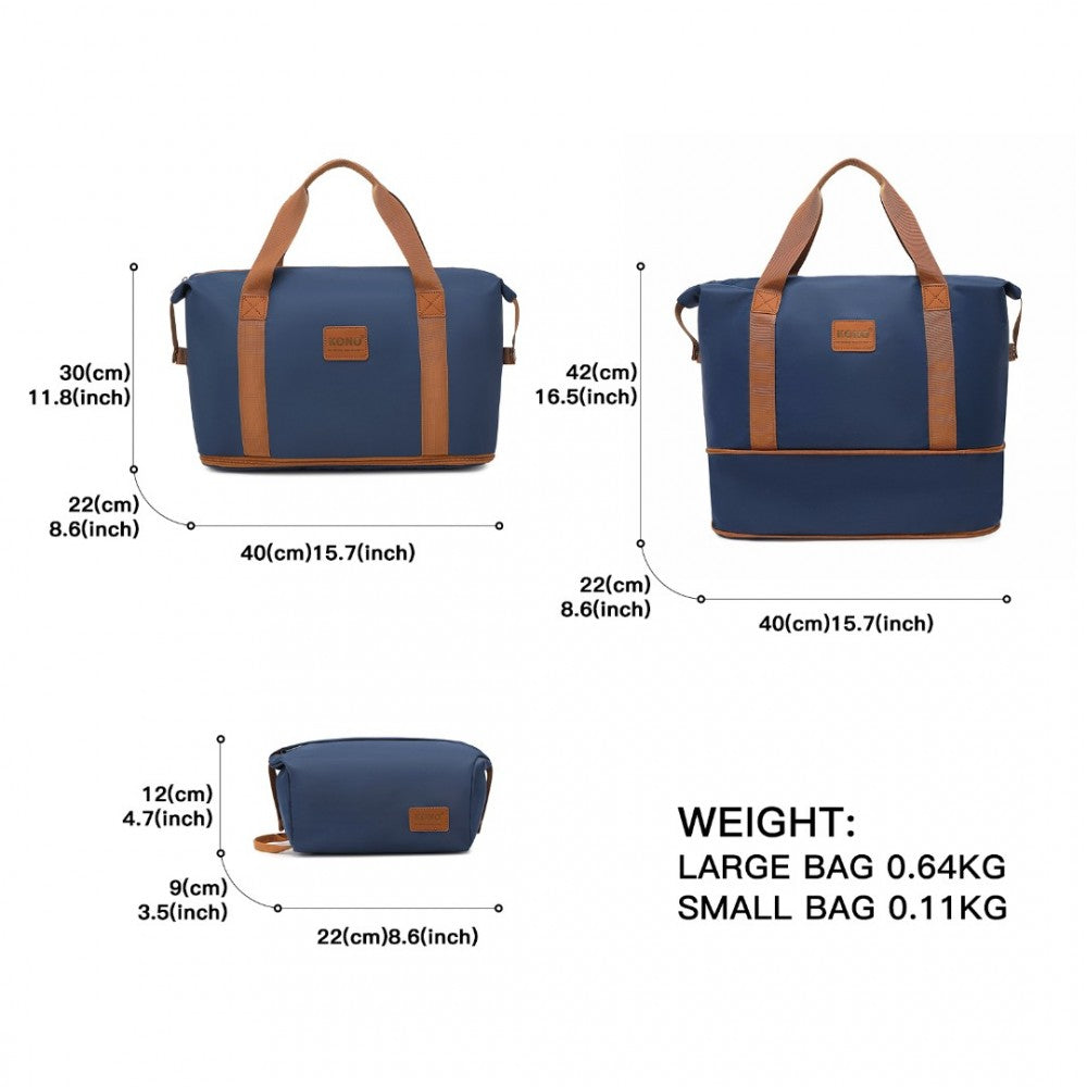EA2212 - KONO TWO PIECES EXPANDABLE DURABLE WATERPROOF TRAVEL DUFFEL BAG SET - NAVY AND BROWN - The Baggage Shop