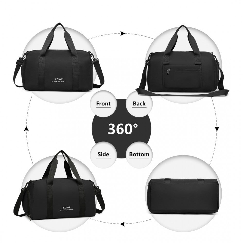 EA2305 - KONO WATERPROOF DUFFEL BAG LIGHTWEIGHT SPORTS GYM BAG WITH SHOES COMPARTMENT - BLACK - The Baggage Shop