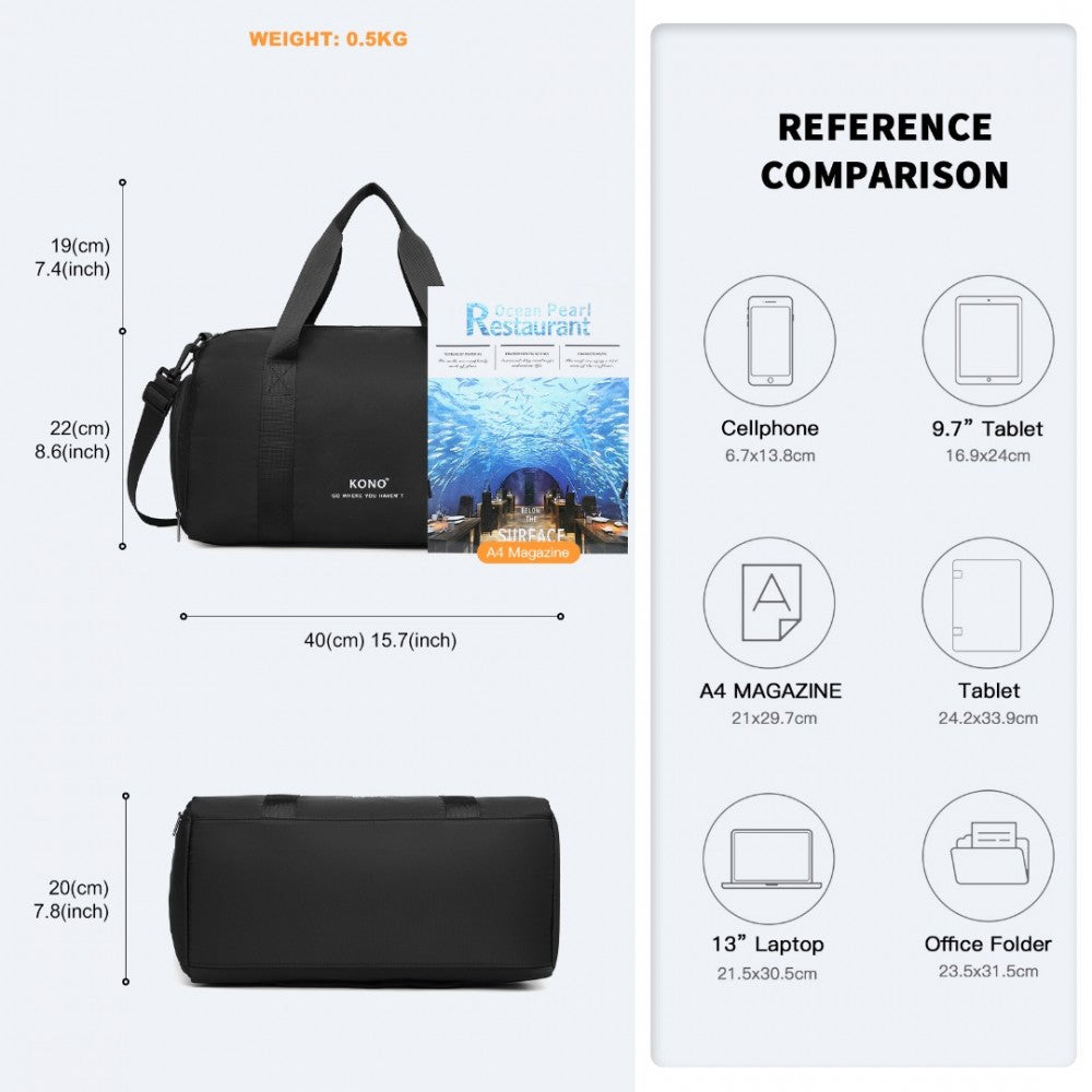 EA2305 - KONO WATERPROOF DUFFEL BAG LIGHTWEIGHT SPORTS GYM BAG WITH SHOES COMPARTMENT - BLACK - The Baggage Shop