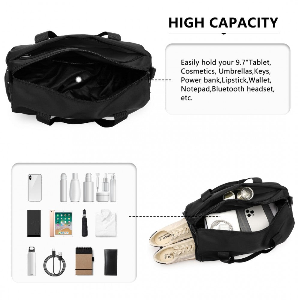 EA2305 - KONO WATERPROOF DUFFEL BAG LIGHTWEIGHT SPORTS GYM BAG WITH SHOES COMPARTMENT - BLACK - The Baggage Shop