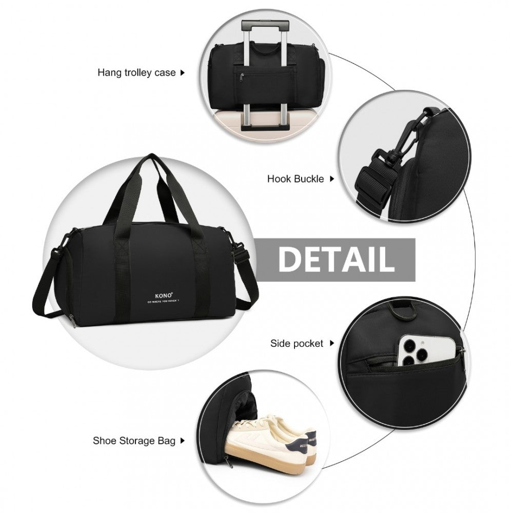 EA2305 - KONO WATERPROOF DUFFEL BAG LIGHTWEIGHT SPORTS GYM BAG WITH SHOES COMPARTMENT - BLACK - The Baggage Shop