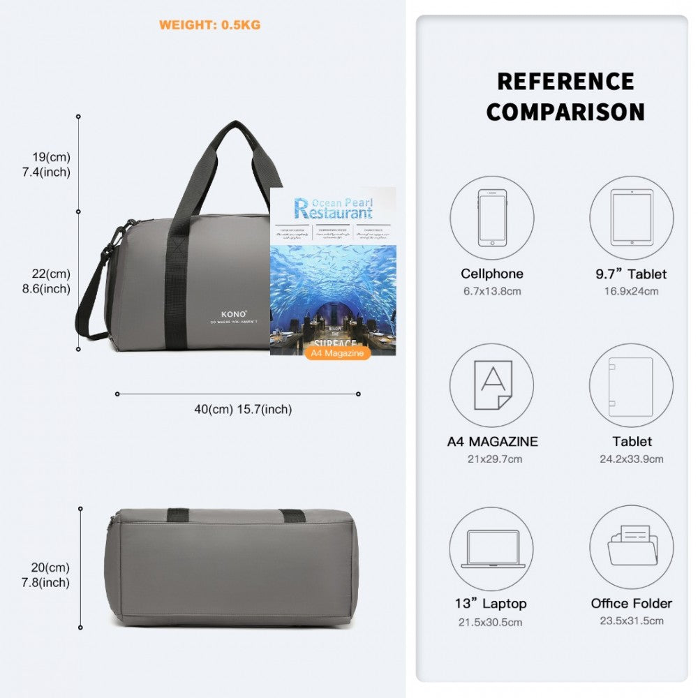 EA2305 - KONO WATERPROOF DUFFEL BAG LIGHTWEIGHT SPORTS GYM BAG WITH SHOES COMPARTMENT - GREY - The Baggage Shop