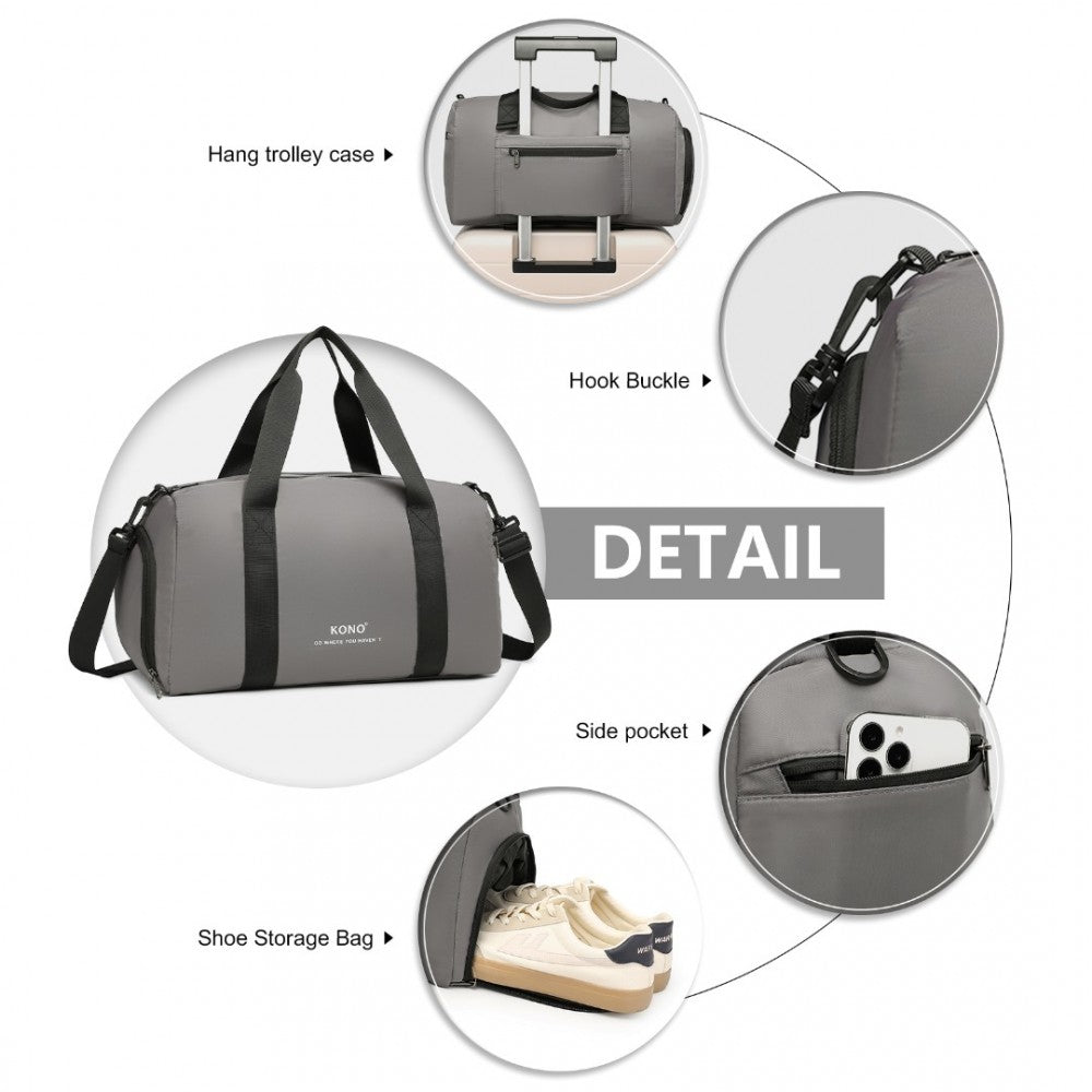 EA2305 - KONO WATERPROOF DUFFEL BAG LIGHTWEIGHT SPORTS GYM BAG WITH SHOES COMPARTMENT - GREY - The Baggage Shop