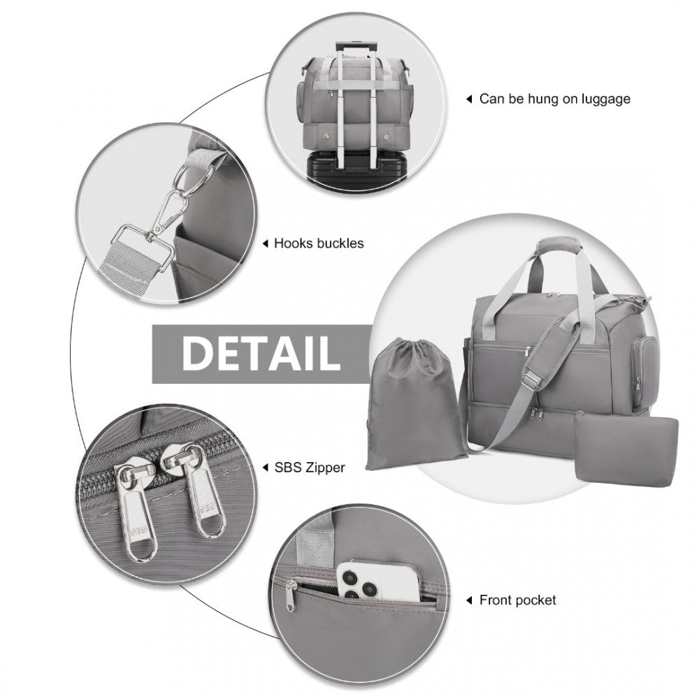 EA2348 - KONO WATERPROOF MULTI-POCKET TRAVEL DUFFEL BAG SET WITH DEDICATED SHOE COMPARTMENT - GREY - The Baggage Shop