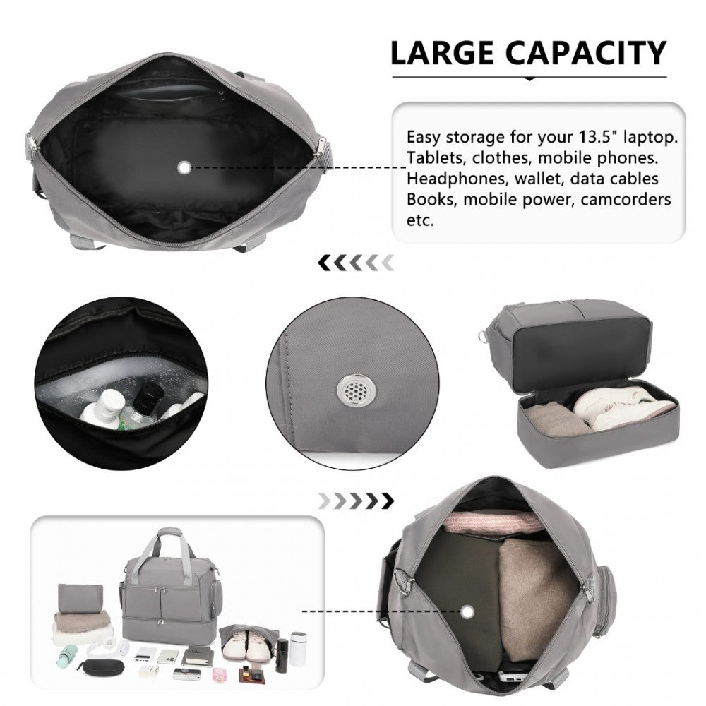 EA2348 - KONO WATERPROOF MULTI-POCKET TRAVEL DUFFEL BAG SET WITH DEDICATED SHOE COMPARTMENT - GREY - The Baggage Shop