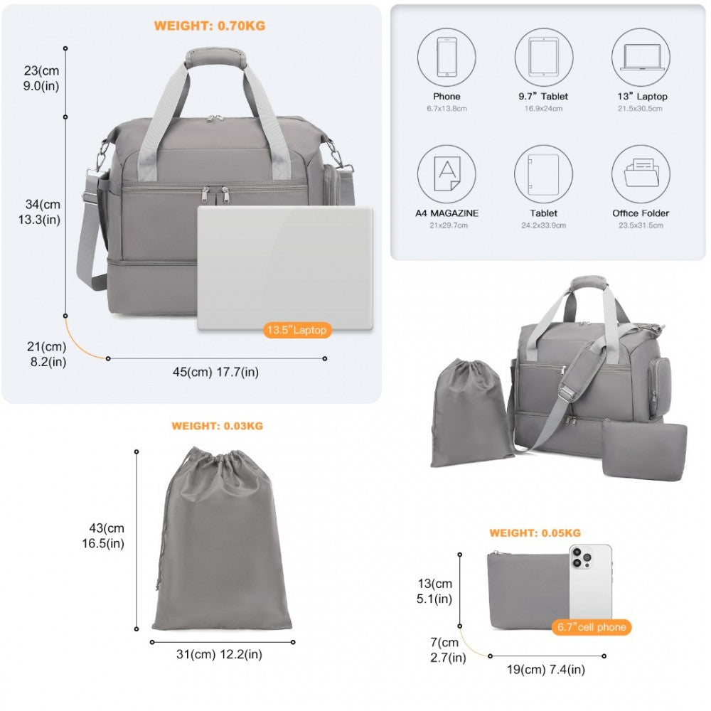 EA2348 - KONO WATERPROOF MULTI-POCKET TRAVEL DUFFEL BAG SET WITH DEDICATED SHOE COMPARTMENT - GREY - The Baggage Shop