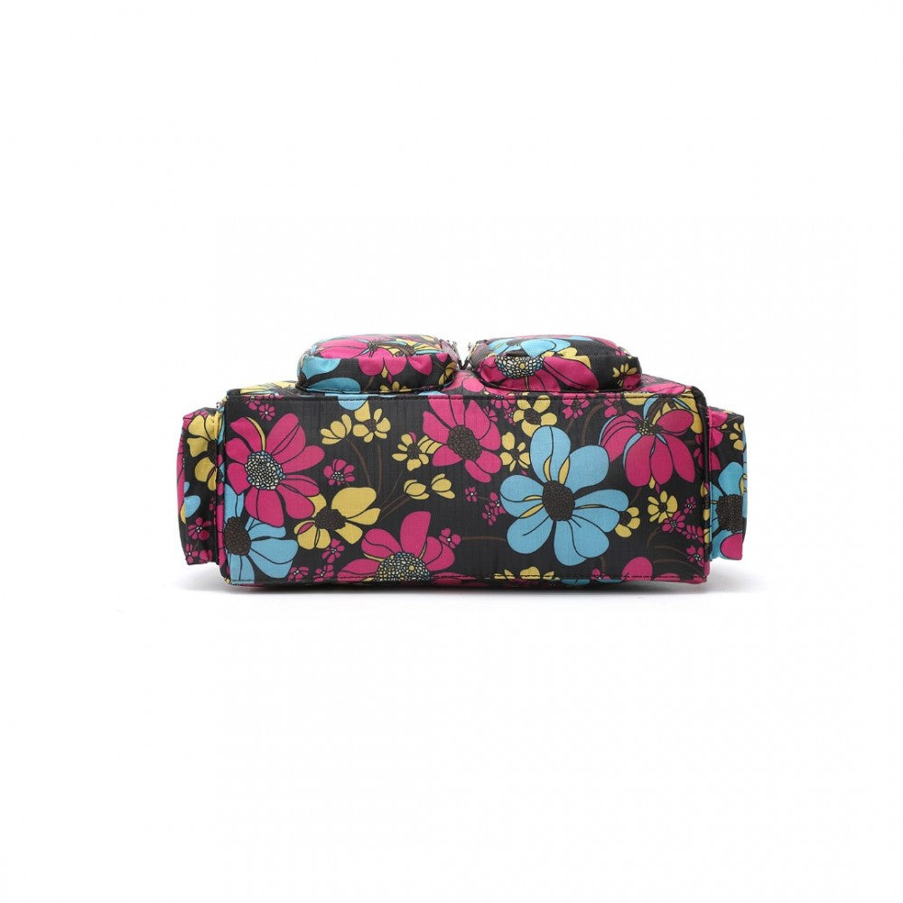 MSK2434F - KONO VERSATILE MULTI-POCKET TRAVEL BAG WITH ADJUSTABLE DETACHABLE STRAP AND FLOWER PRINT - BLACK - The Baggage Shop