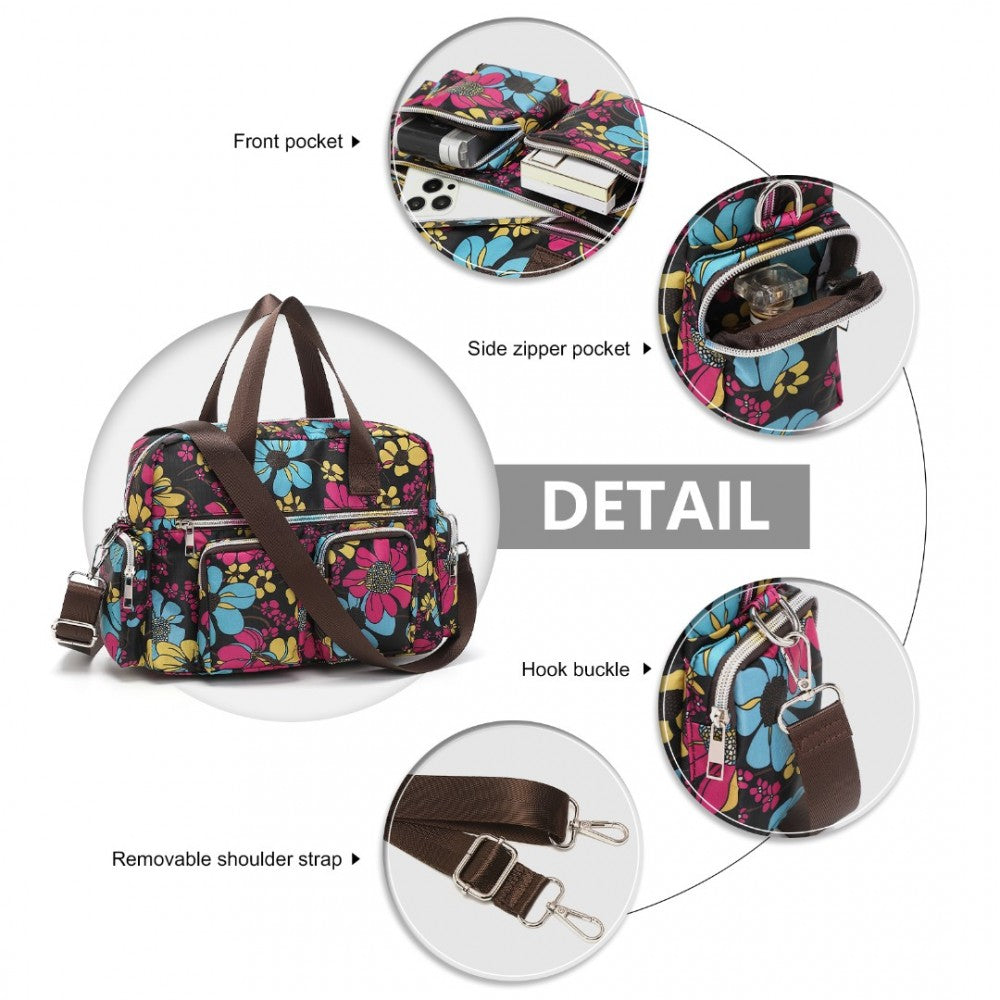 MSK2434F - KONO VERSATILE MULTI-POCKET TRAVEL BAG WITH ADJUSTABLE DETACHABLE STRAP AND FLOWER PRINT - BLACK - The Baggage Shop