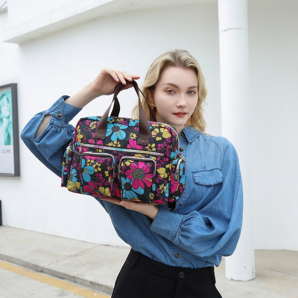 MSK2434F - KONO VERSATILE MULTI-POCKET TRAVEL BAG WITH ADJUSTABLE DETACHABLE STRAP AND FLOWER PRINT - BLACK - The Baggage Shop