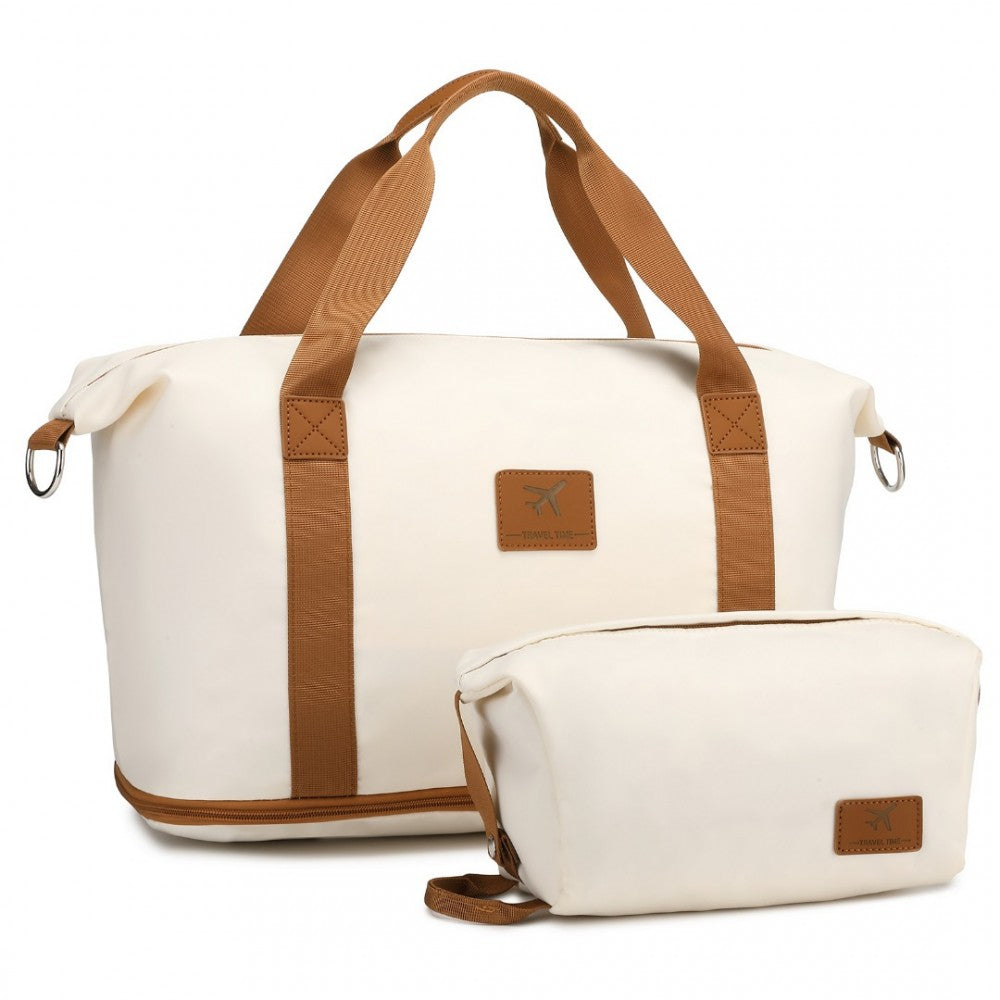 S2366 - 36L EXPANDABLE WATER-RESISTANT TRAVEL TOTE SET WITH COSMETIC POUCH VERSATILE CARRY-ON DUFFEL BAG - BEIGE AND BROWN - The Baggage Shop
