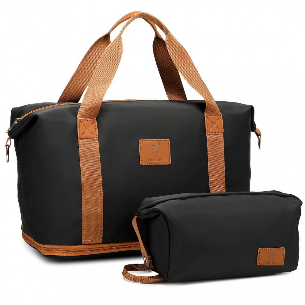S2366 - 36L EXPANDABLE WATER-RESISTANT TRAVEL TOTE SET WITH COSMETIC POUCH VERSATILE CARRY-ON DUFFEL BAG - BLACK AND BROWN - The Baggage Shop