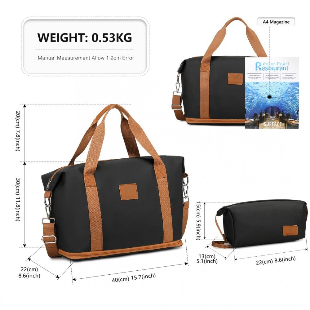 S2366 - 36L EXPANDABLE WATER-RESISTANT TRAVEL TOTE SET WITH COSMETIC POUCH VERSATILE CARRY-ON DUFFEL BAG - BLACK AND BROWN - The Baggage Shop