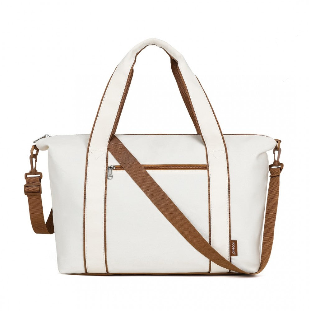TVK2420 - KONO LIGHTWEIGHT WATERPROOF WEEKENDER TOTE BAG FOLDABLE CABIN FLIGHT DUFFEL IDEAL FOR UNDERSEAT CARRY-ON TRAVEL - BEIGE AND BROWN - The Baggage Shop