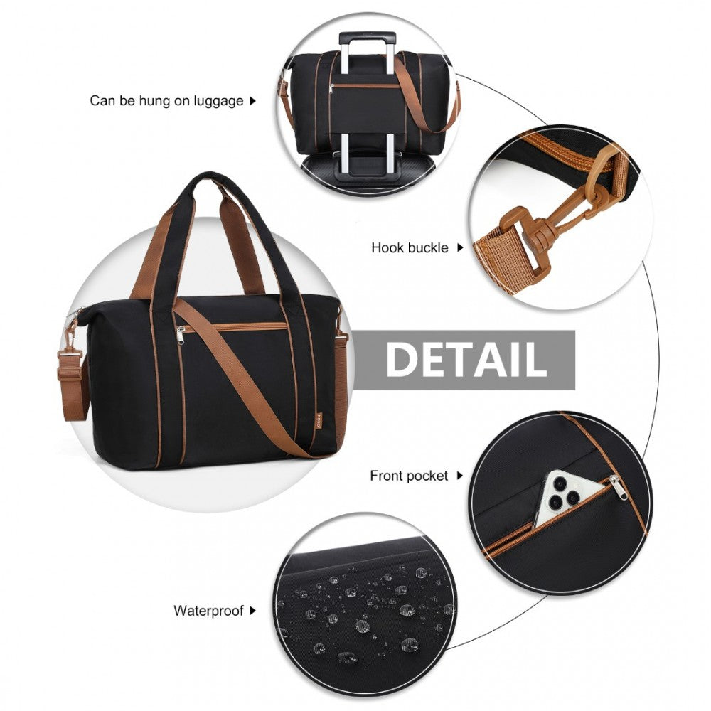 TVK2420 - KONO LIGHTWEIGHT WATERPROOF WEEKENDER TOTE BAG FOLDABLE CABIN FLIGHT DUFFEL IDEAL FOR UNDERSEAT CARRY-ON TRAVEL - BLACK AND BROWN - The Baggage Shop