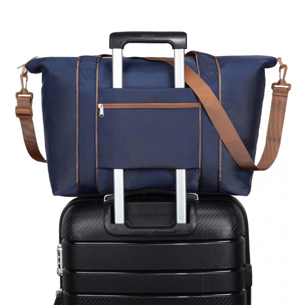 TVK2420 - KONO LIGHTWEIGHT WATERPROOF WEEKENDER TOTE BAG FOLDABLE CABIN FLIGHT DUFFEL IDEAL FOR UNDERSEAT CARRY-ON TRAVEL - NAVY AND BROWN - The Baggage Shop