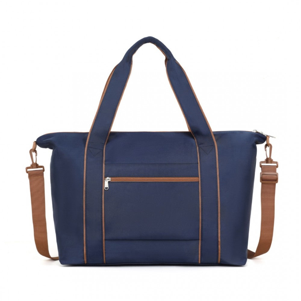 TVK2420 - KONO LIGHTWEIGHT WATERPROOF WEEKENDER TOTE BAG FOLDABLE CABIN FLIGHT DUFFEL IDEAL FOR UNDERSEAT CARRY-ON TRAVEL - NAVY AND BROWN - The Baggage Shop