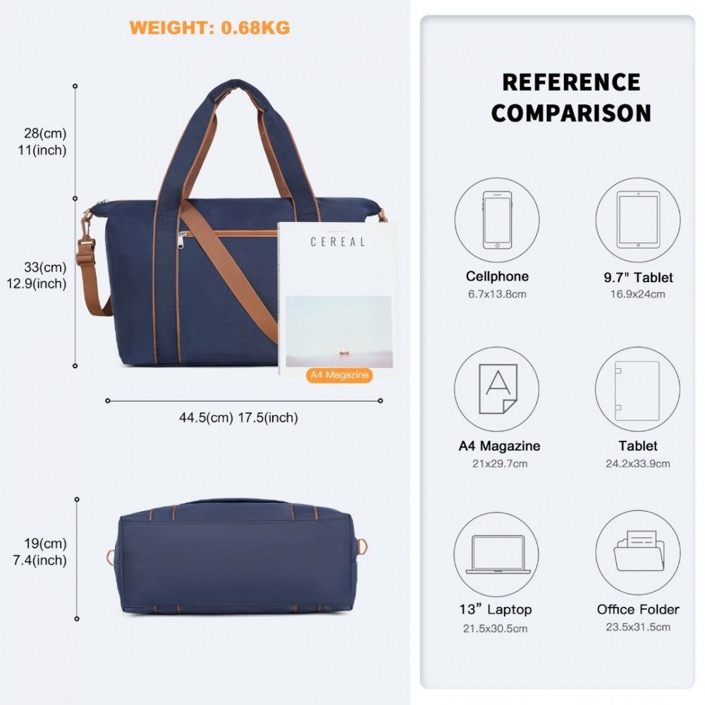TVK2420 - KONO LIGHTWEIGHT WATERPROOF WEEKENDER TOTE BAG FOLDABLE CABIN FLIGHT DUFFEL IDEAL FOR UNDERSEAT CARRY-ON TRAVEL - NAVY AND BROWN - The Baggage Shop