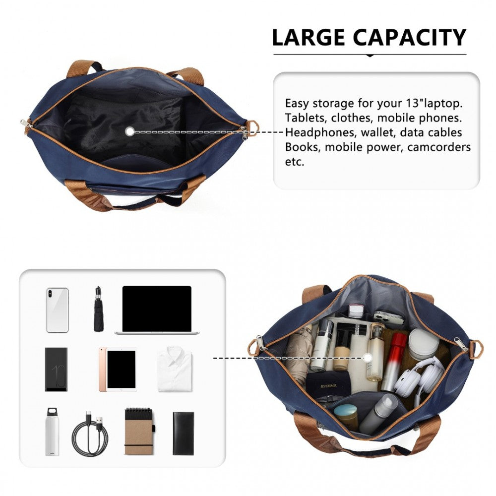 TVK2420 - KONO LIGHTWEIGHT WATERPROOF WEEKENDER TOTE BAG FOLDABLE CABIN FLIGHT DUFFEL IDEAL FOR UNDERSEAT CARRY-ON TRAVEL - NAVY AND BROWN - The Baggage Shop