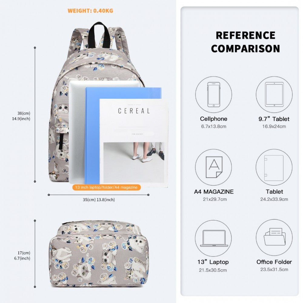 E1401-17CT - MISS LULU LARGE BACKPACK CAT POLKA DOT - GREY - The Baggage Shop