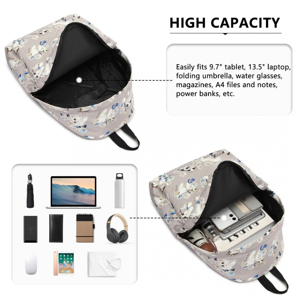 E1401-17CT - MISS LULU LARGE BACKPACK CAT POLKA DOT - GREY - The Baggage Shop