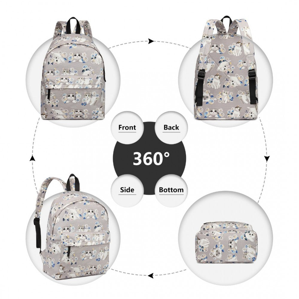 E1401-17CT - MISS LULU LARGE BACKPACK CAT POLKA DOT - GREY - The Baggage Shop