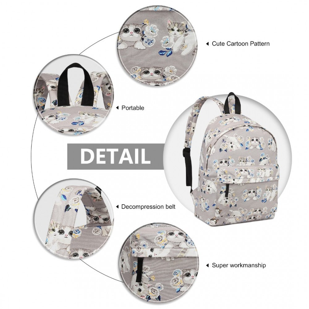E1401-17CT - MISS LULU LARGE BACKPACK CAT POLKA DOT - GREY - The Baggage Shop