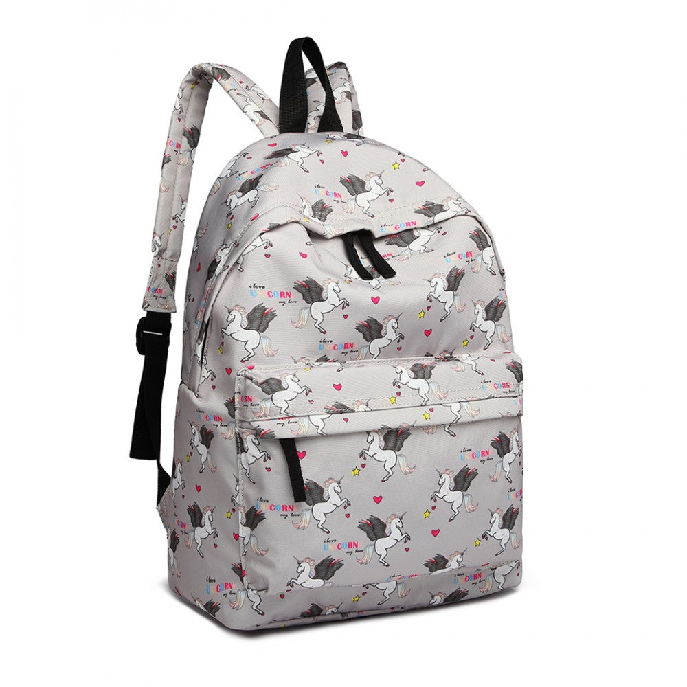 E1401 UN - MISS LULU LARGE BACKPACK UNICORN PRINT - GREY - The Baggage Shop