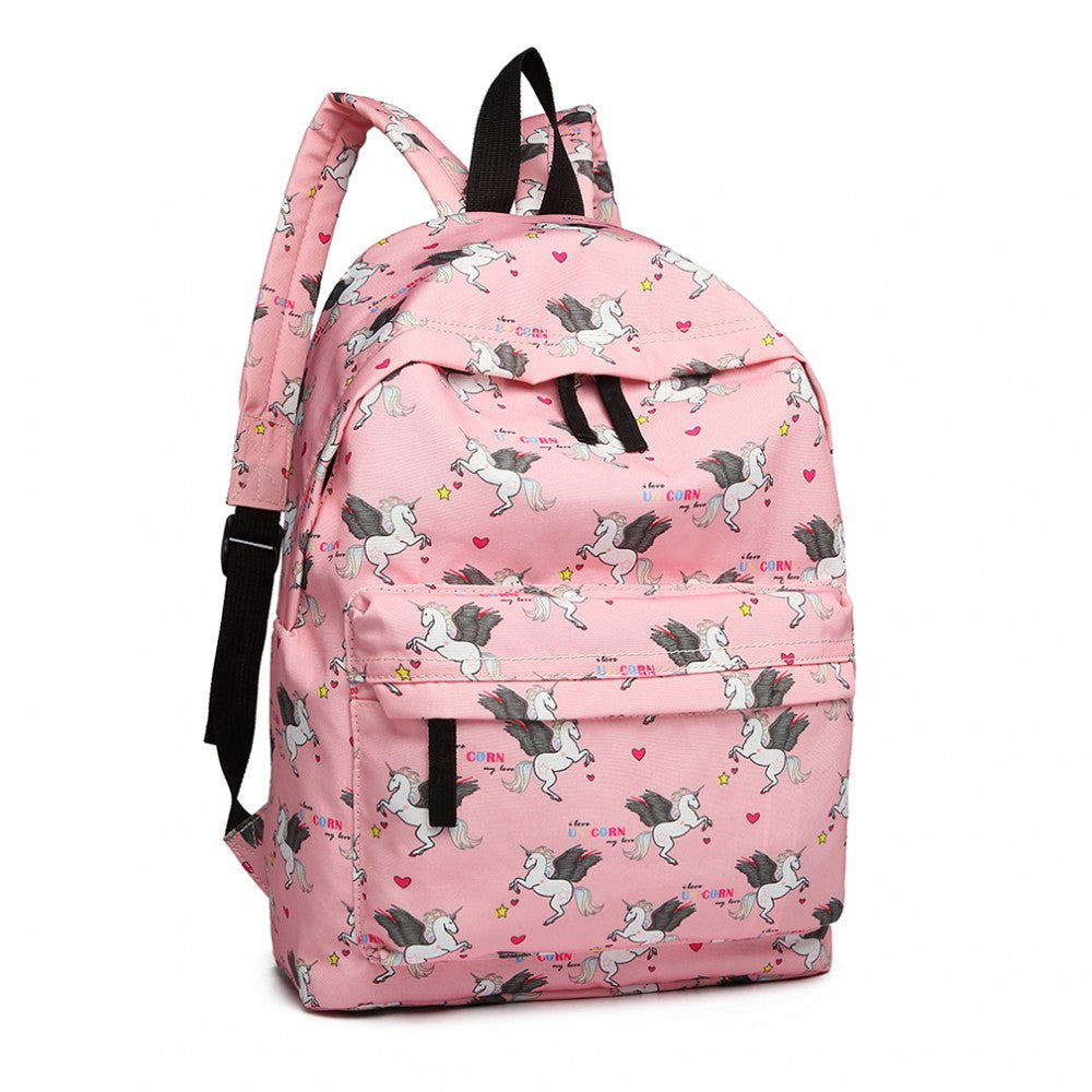 E1401 UN - MISS LULU LARGE BACKPACK UNICORN PRINT - PINK - The Baggage Shop