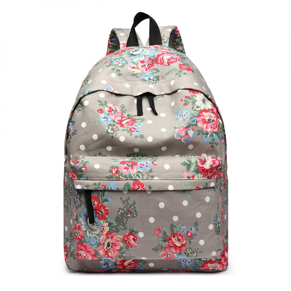 E1401F - MISS LULU LARGE BACKPACK FLOWER POLKA DOT - GREY - The Baggage Shop