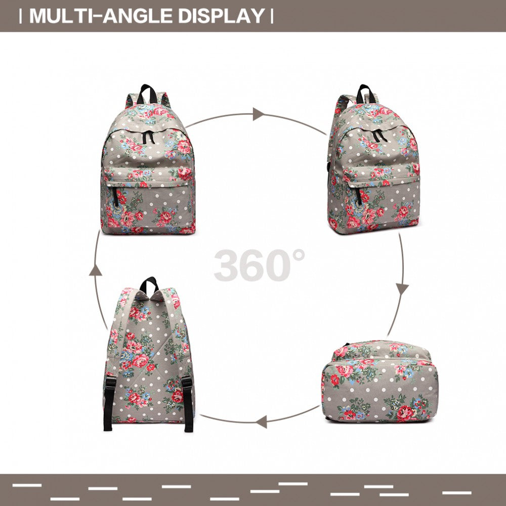 E1401F - MISS LULU LARGE BACKPACK FLOWER POLKA DOT - GREY - The Baggage Shop