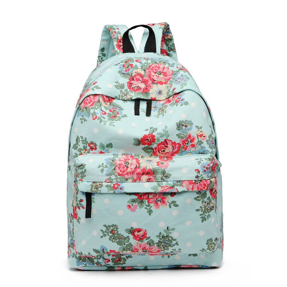 E1401F - MISS LULU LARGE BACKPACK FLOWER POLKA DOT - LIGHT BLUE - The Baggage Shop