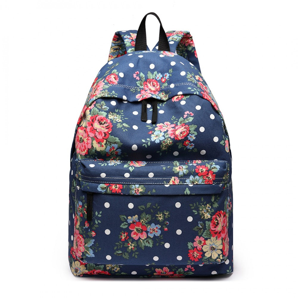 E1401F - MISS LULU LARGE BACKPACK FLOWER POLKA DOT - NAVY - The Baggage Shop