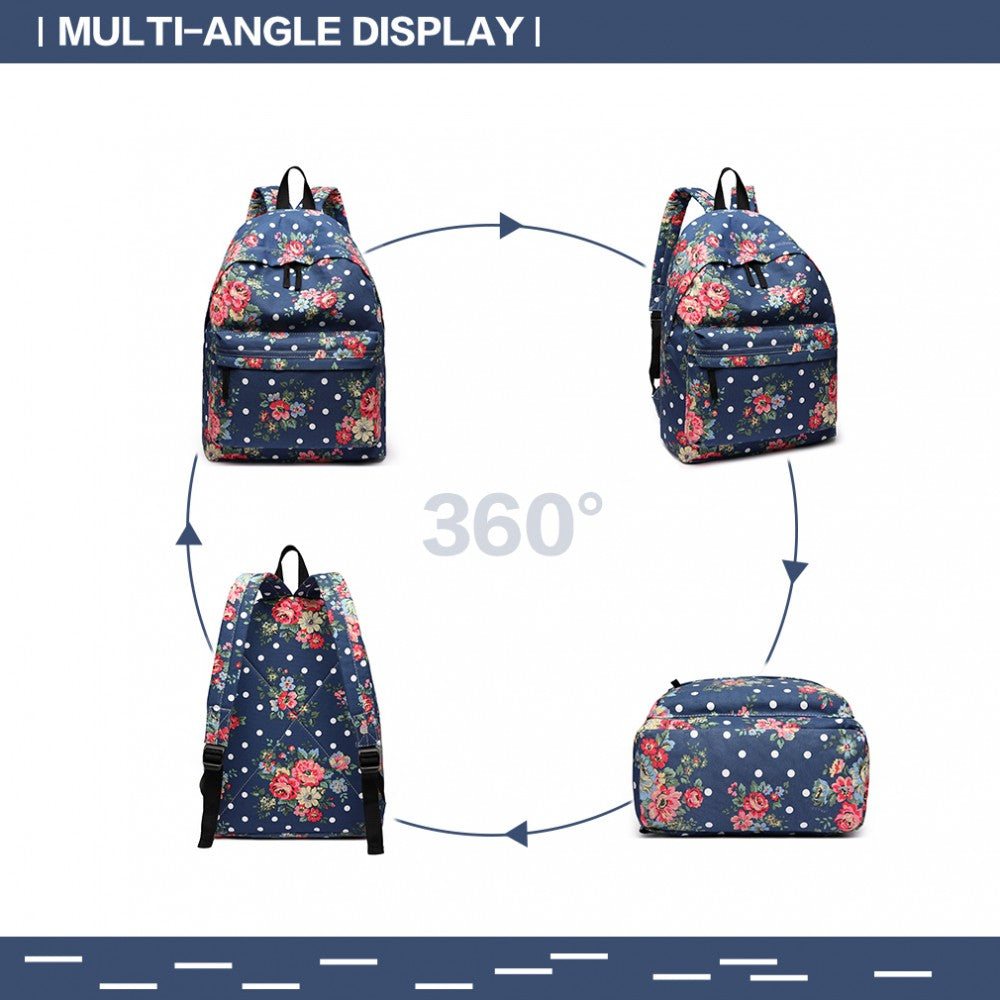 E1401F - MISS LULU LARGE BACKPACK FLOWER POLKA DOT - NAVY - The Baggage Shop