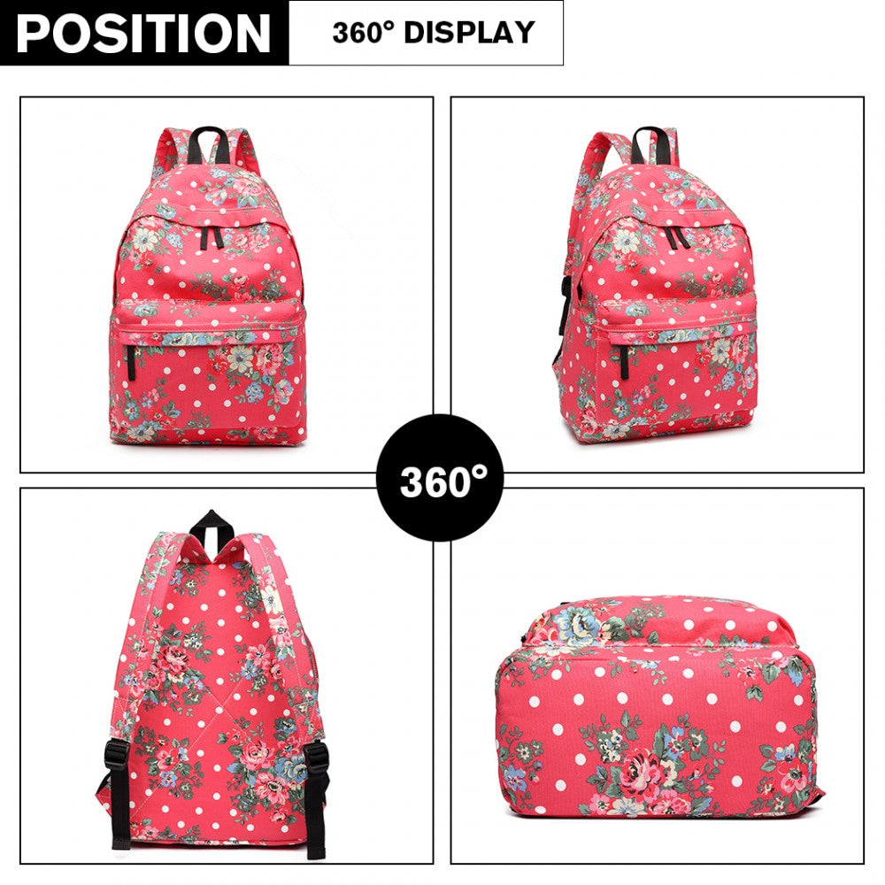 E1401F - MISS LULU LARGE BACKPACK FLOWER POLKA DOT - PLUM - The Baggage Shop