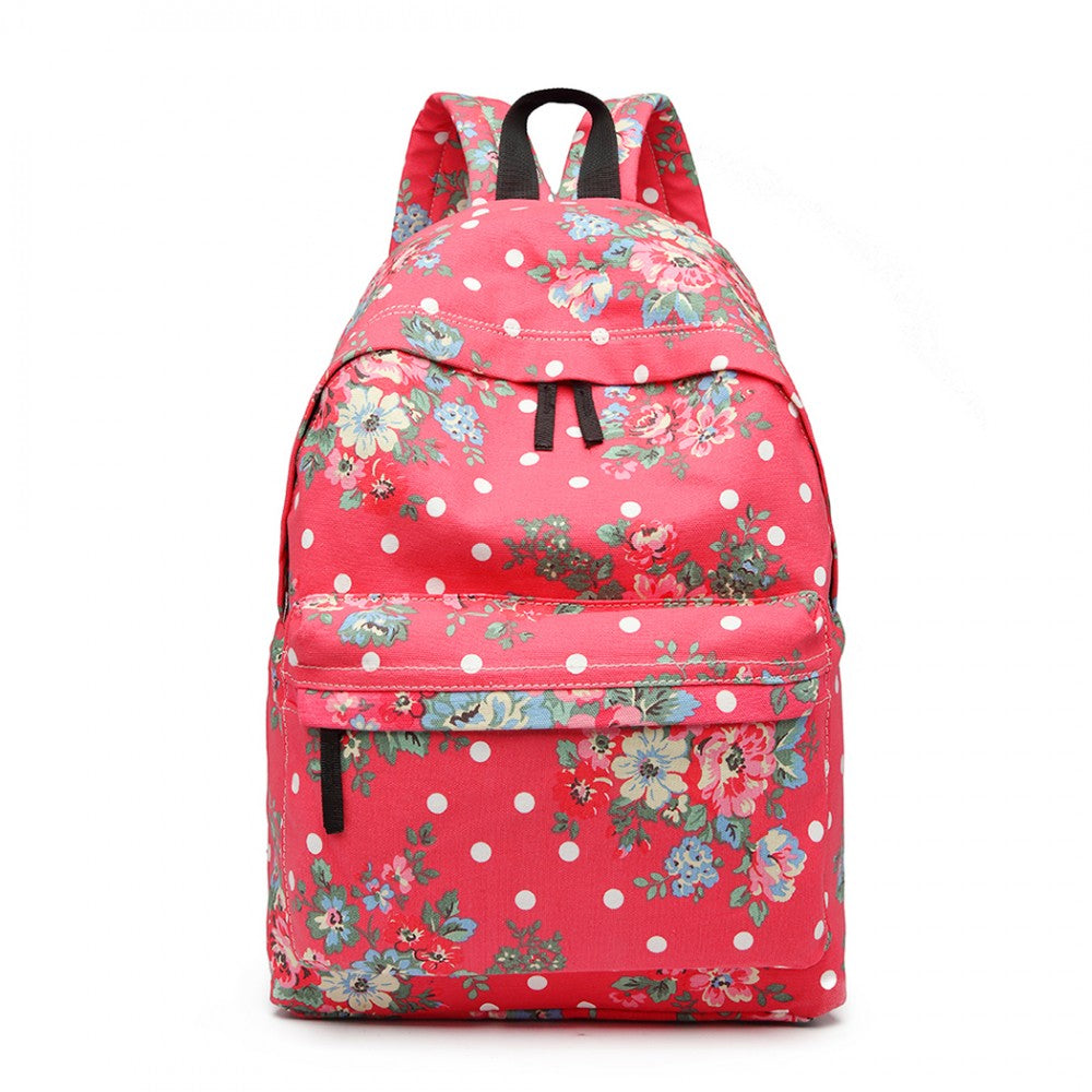 E1401F - MISS LULU LARGE BACKPACK FLOWER POLKA DOT - PLUM - The Baggage Shop