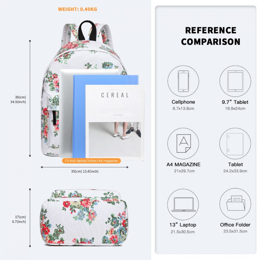 E1401F - MISS LULU LARGE BACKPACK FLOWER POLKA DOT - WHITE - The Baggage Shop