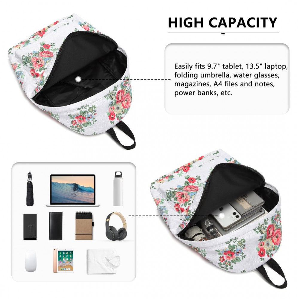 E1401F - MISS LULU LARGE BACKPACK FLOWER POLKA DOT - WHITE - The Baggage Shop