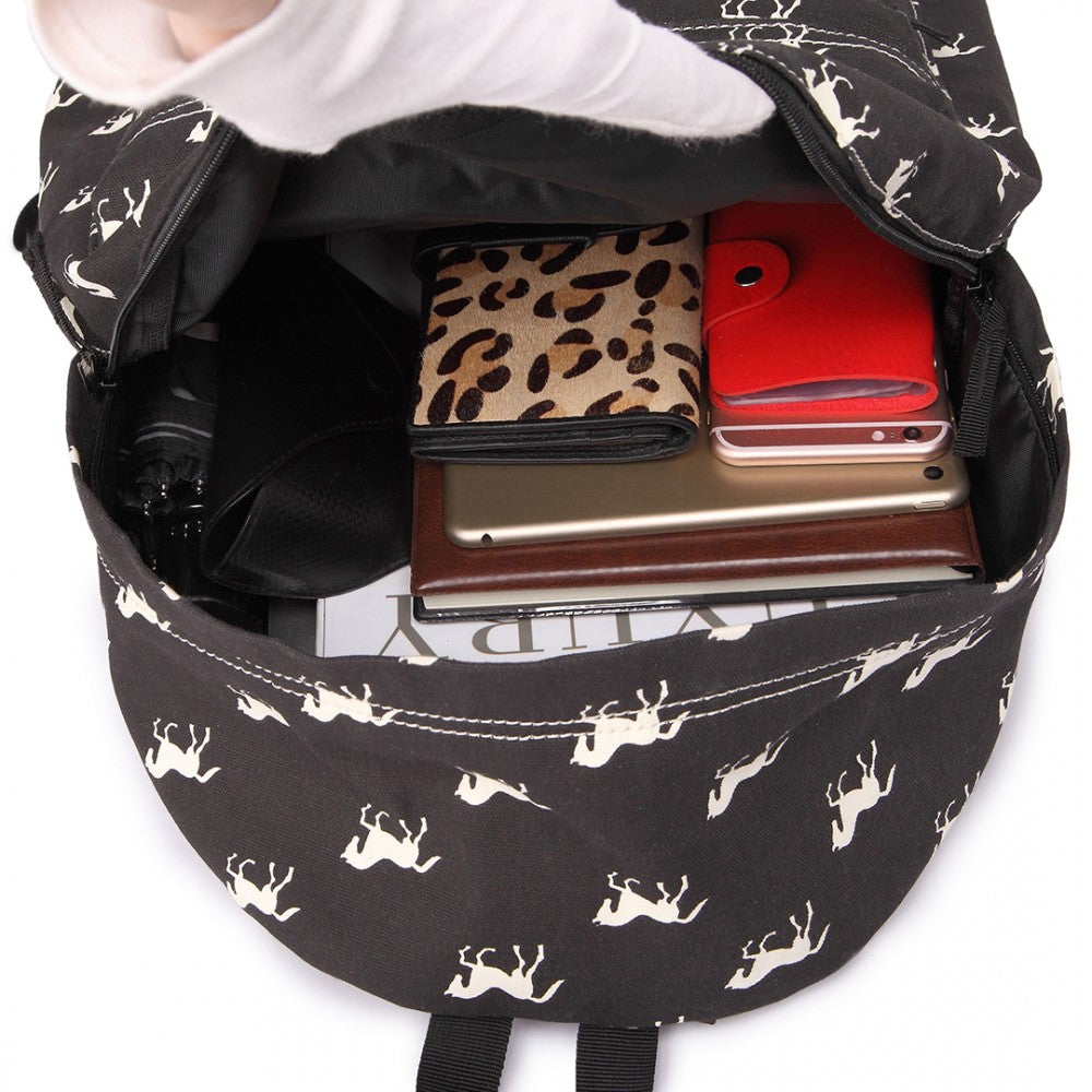 E1401H - MISS LULU HORSE-PRINT COTTON CANVAS SCHOOL BACKPACK - BLACK - The Baggage Shop