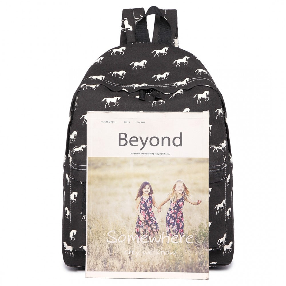 E1401H - MISS LULU HORSE-PRINT COTTON CANVAS SCHOOL BACKPACK - BLACK - The Baggage Shop