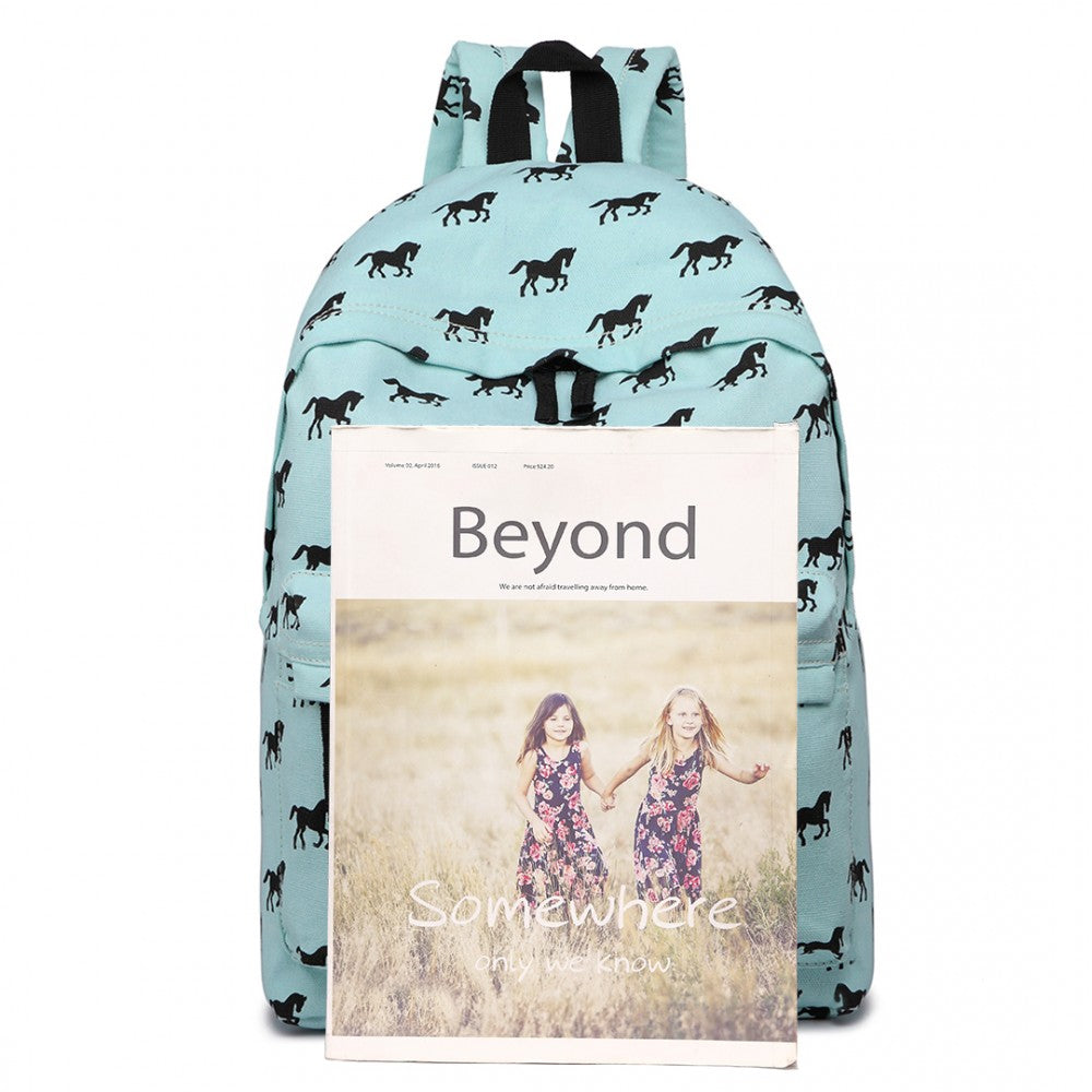 E1401H - MISS LULU HORSE-PRINT COTTON CANVAS SCHOOL BACKPACK - BLUE - The Baggage Shop