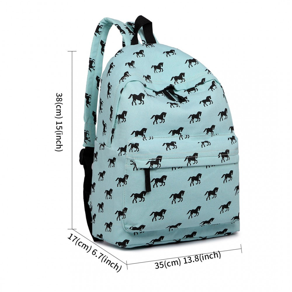 E1401H - MISS LULU HORSE-PRINT COTTON CANVAS SCHOOL BACKPACK - BLUE - The Baggage Shop