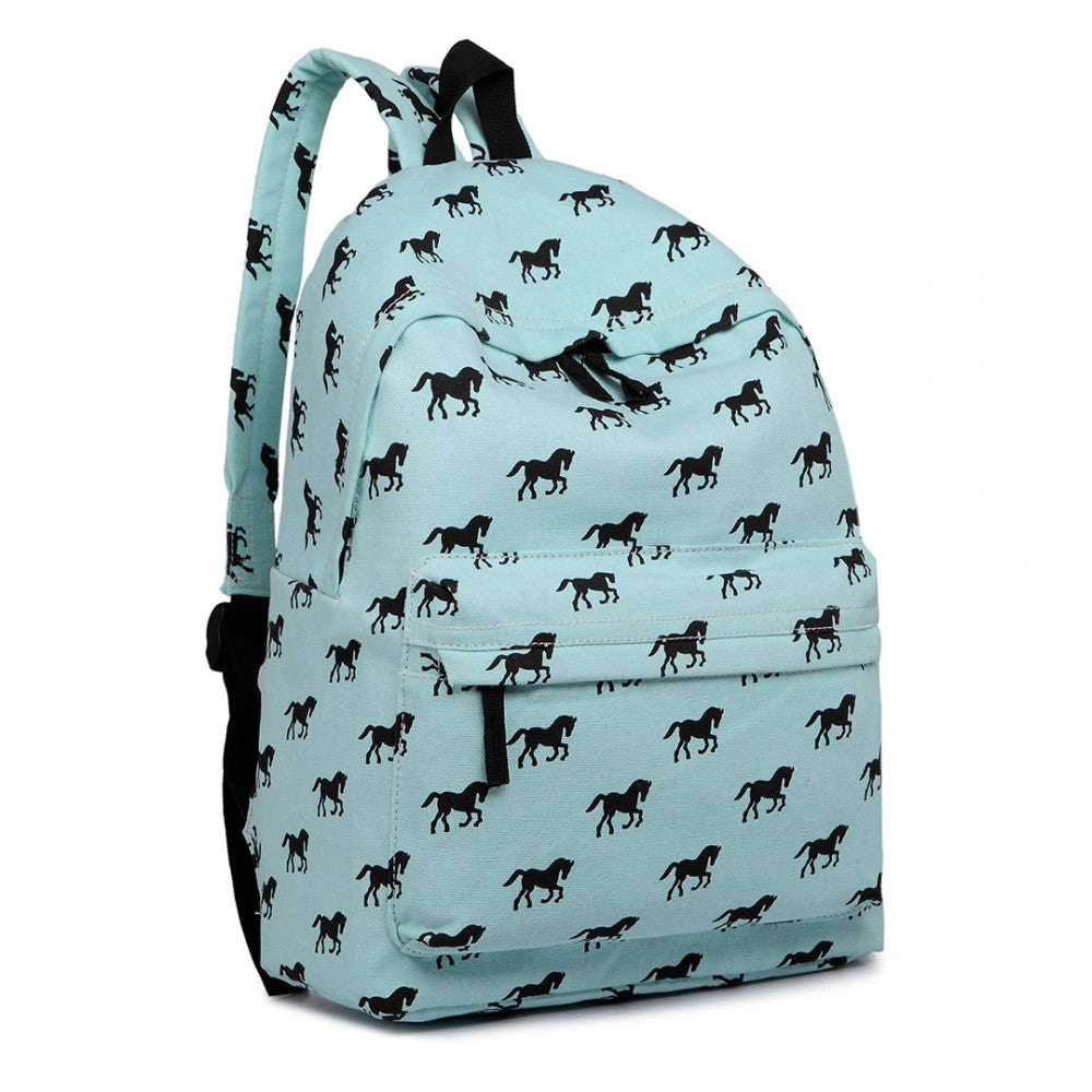 E1401H - MISS LULU HORSE-PRINT COTTON CANVAS SCHOOL BACKPACK - BLUE - The Baggage Shop
