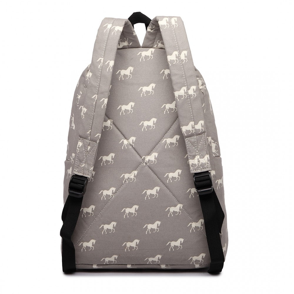 E1401H - MISS LULU HORSE-PRINT COTTON CANVAS SCHOOL BACKPACK - GREY - The Baggage Shop
