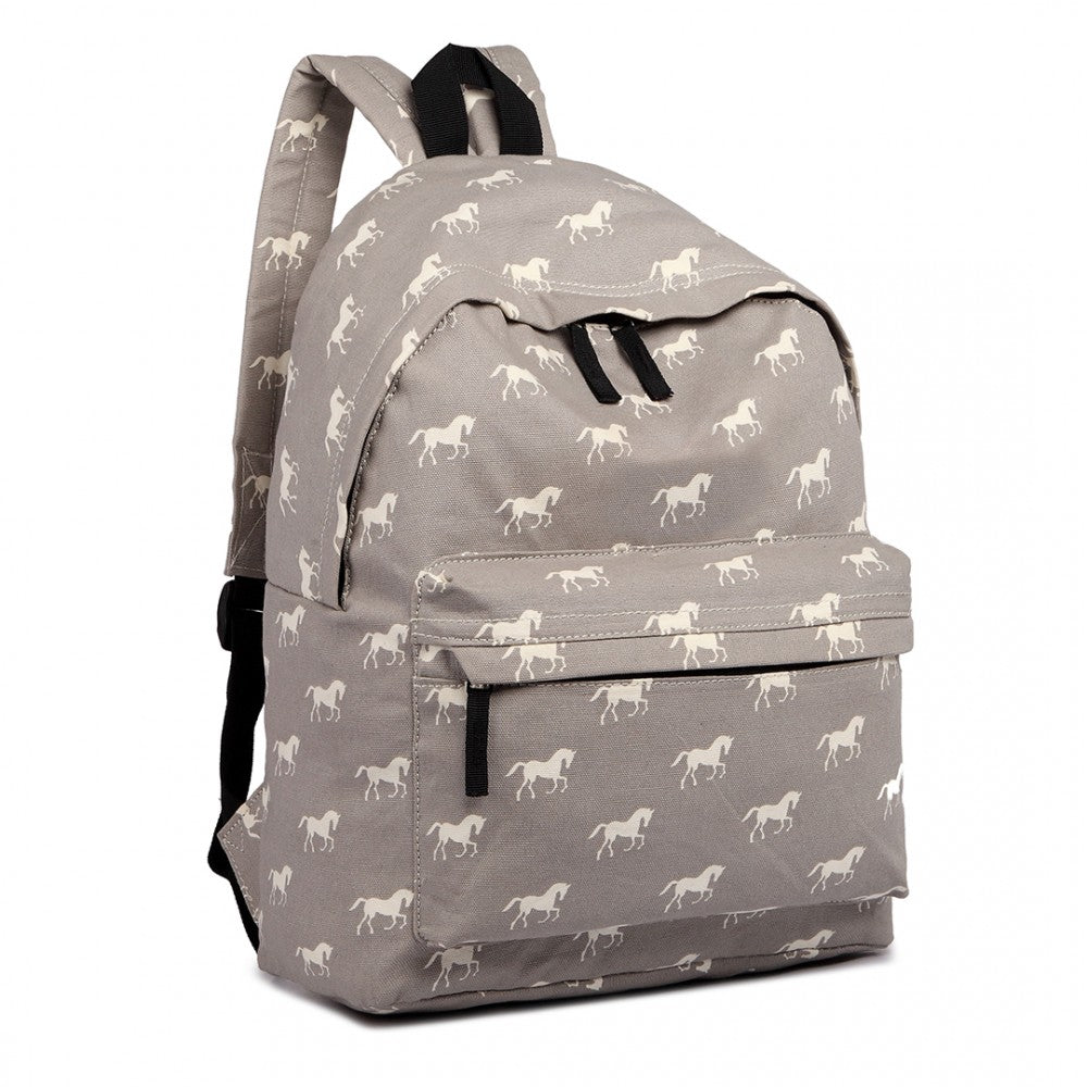 E1401H - MISS LULU HORSE-PRINT COTTON CANVAS SCHOOL BACKPACK - GREY - The Baggage Shop