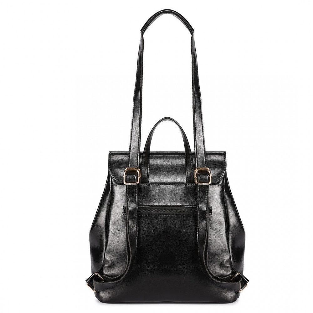 E6833 - MISS LULU VINTAGE OIL-WAX FAUX LEATHER BACKPACK - BLACK - The Baggage Shop