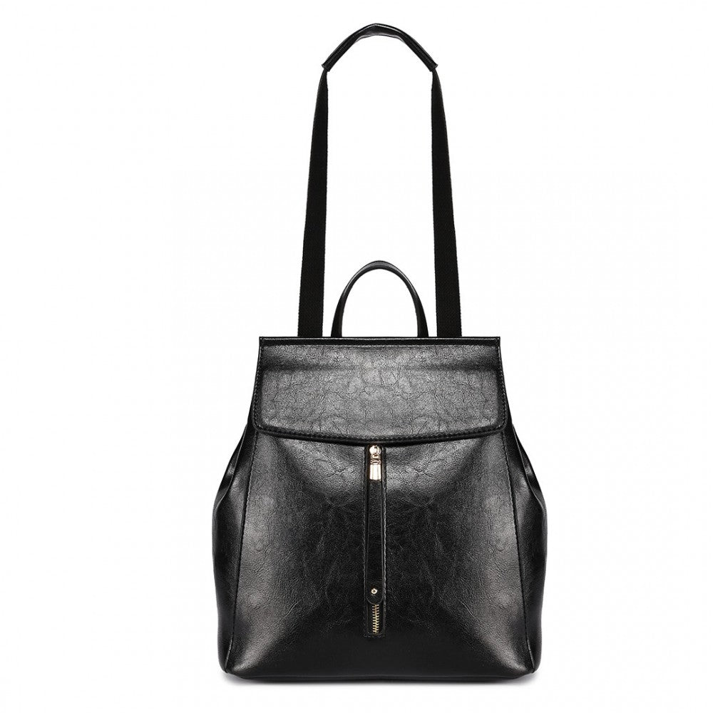 E6833 - MISS LULU VINTAGE OIL-WAX FAUX LEATHER BACKPACK - BLACK - The Baggage Shop