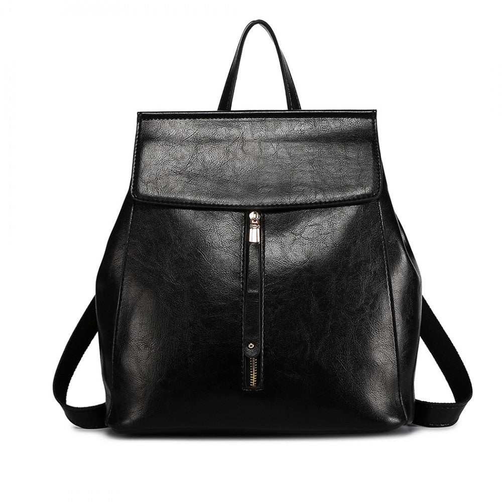 E6833 - MISS LULU VINTAGE OIL-WAX FAUX LEATHER BACKPACK - BLACK - The Baggage Shop
